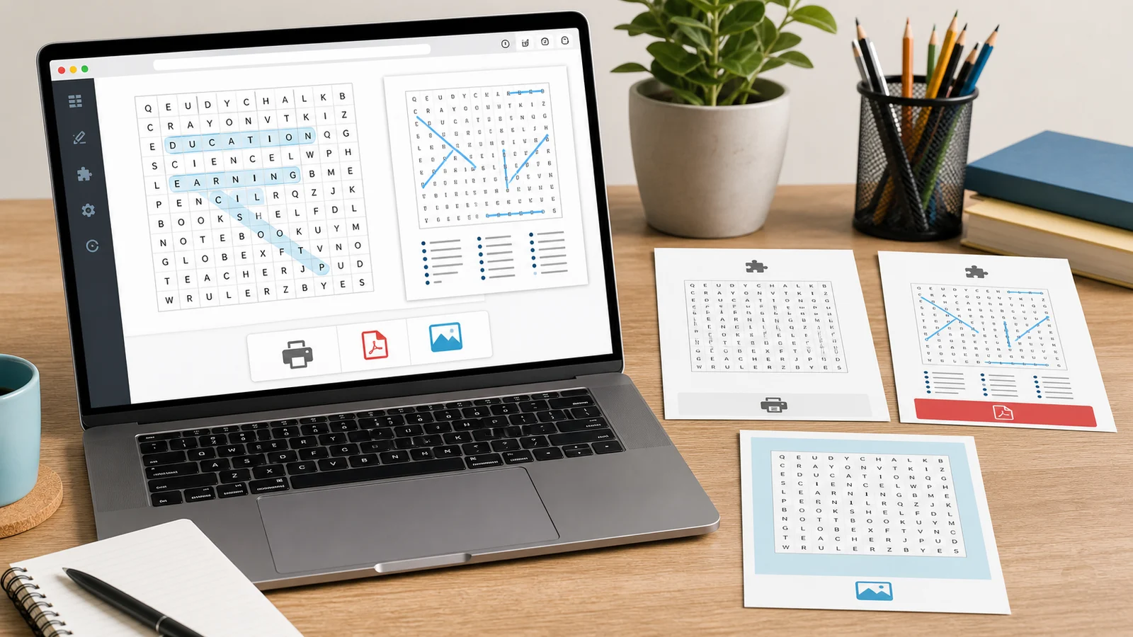 Word Search Generator export workflow showing printable puzzle, answer key, PDF, PNG, and print outputs