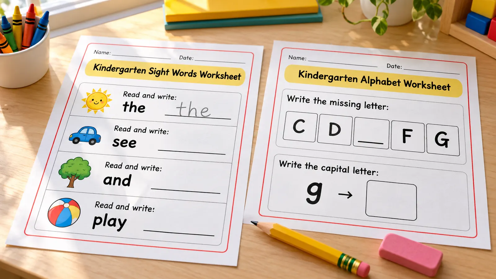 Arbeitsblätter 1. Klasse mit Lesewörtern zum Lesen und Schreiben neben einer Alphabetseite mit fehlenden Buchstaben