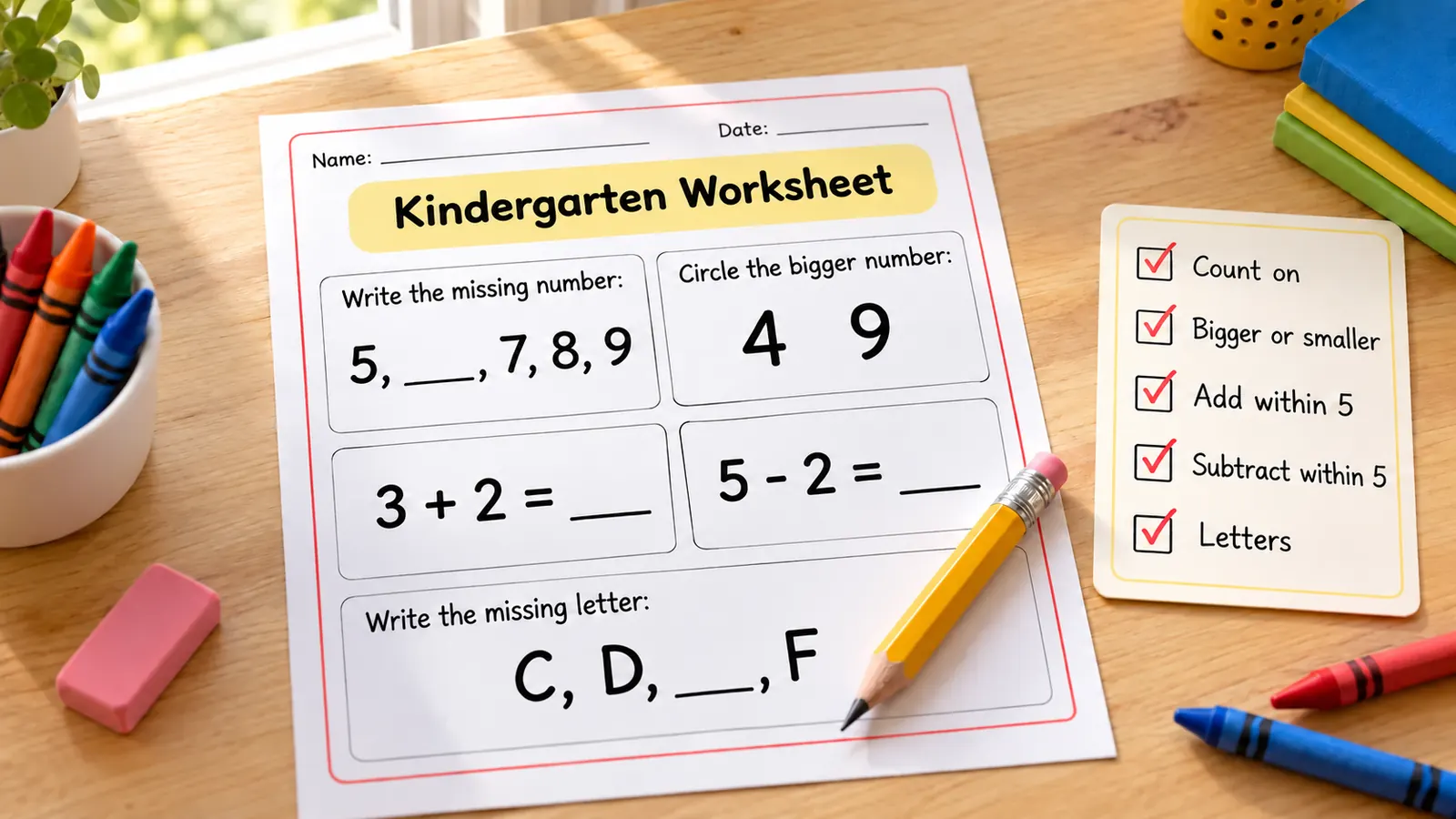 Gedruckte Arbeitsblätter 1. Klasse mit Zählen, Plusaufgaben und fehlenden Buchstaben neben einer Liste angekreuzter Fähigkeiten