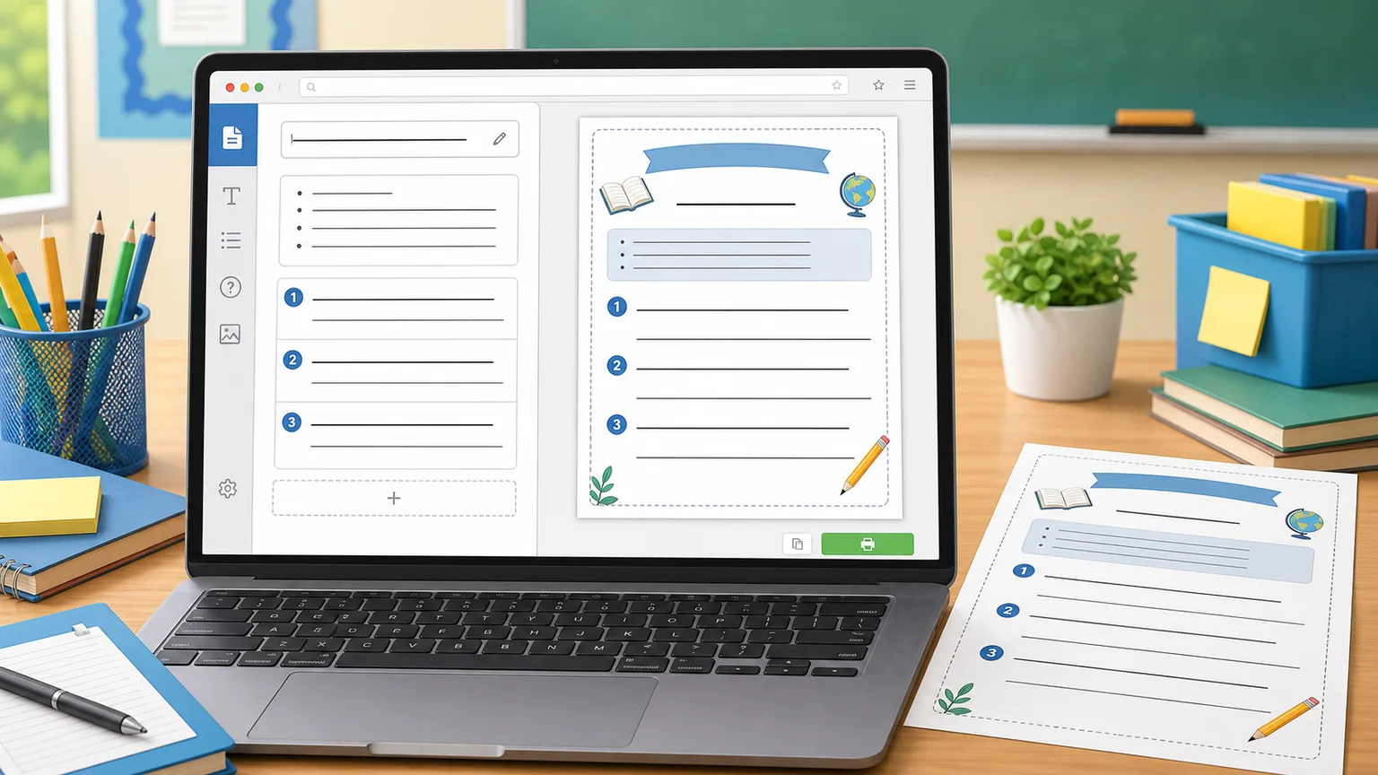 Worksheet Generator preview with a teacher typing custom questions and answer spaces